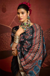 Black Velvet Tusser Silk  Ajrakh Saree